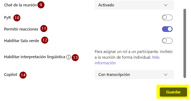 Opcions de configuració de la reunió