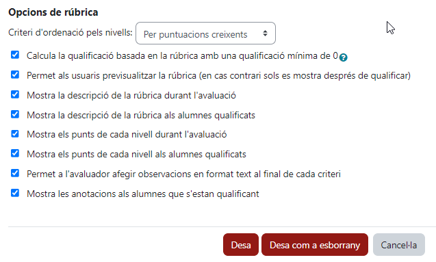 Opcions Rubrica Forum Moodle