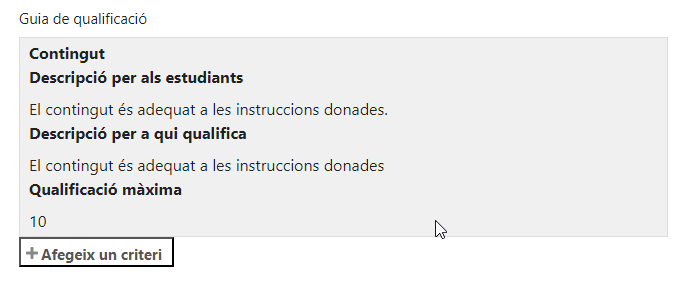 Un criteri configurat Guia Qualificacio Forum Moodle