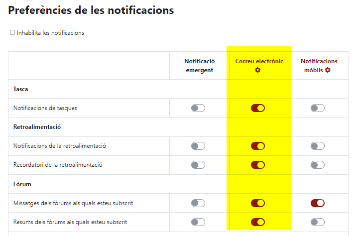 Modificació de les preferències de les notificacions de Moodle