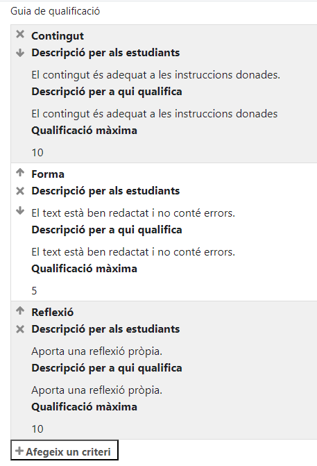3 criteris configurats Guia Qualificacio Forum Moodle