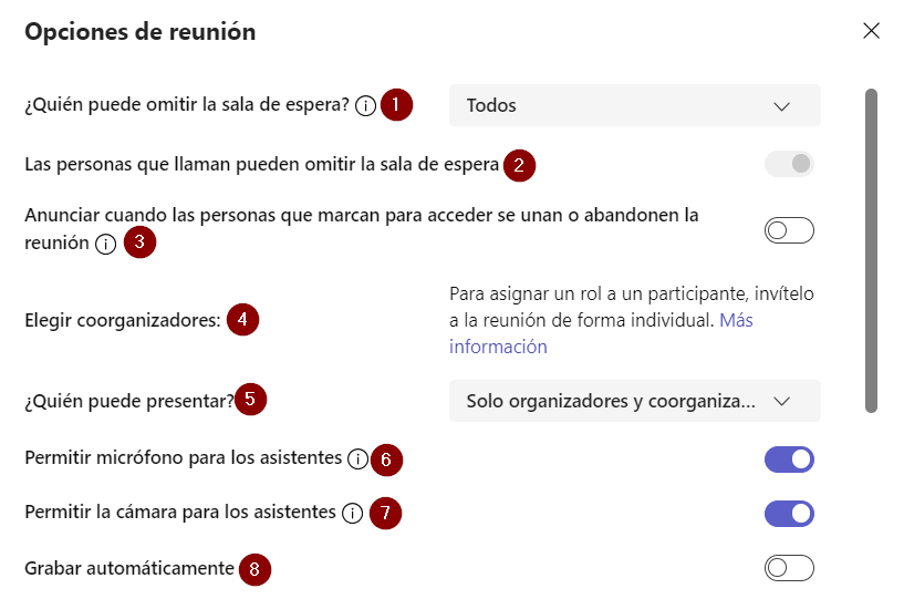 Opcions de la reunió