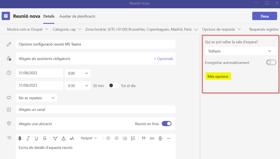 Opcions de configuració de la reunió de MS Teams
