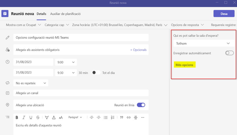 Opcions de configuració de la reunió de MS Teams